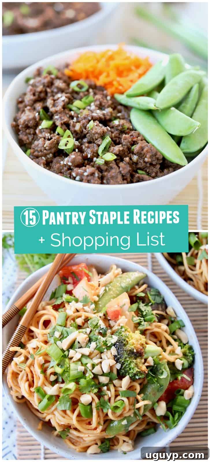 A collage of two appetizing meals: a savory bowl of BBQ ground beef and a vibrant dish of noodles with fresh vegetables, highlighting the versatility of pantry staples.