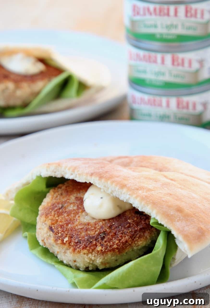 Delicious tuna patties served in warm pita bread with fresh vegetables, showcasing a versatile meal option.