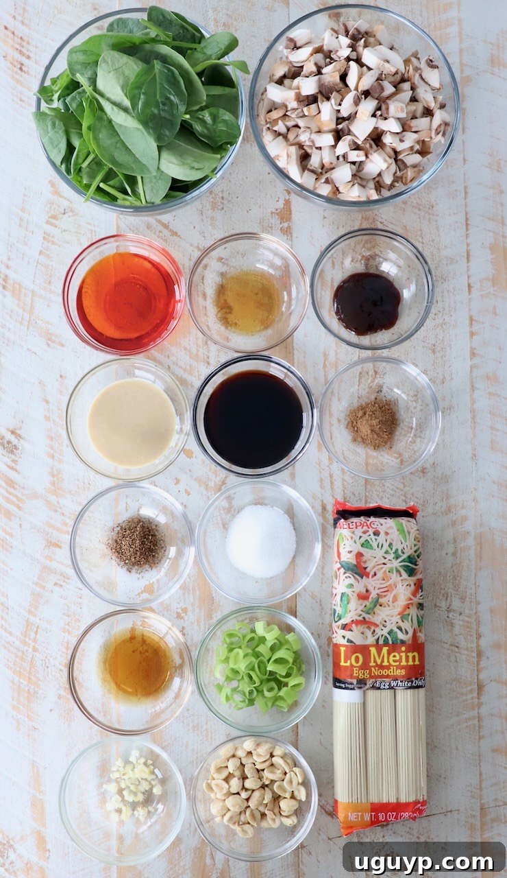 An overhead shot showcasing all the fresh ingredients laid out on a white wooden board, ready for making Dan Dan Noodles.