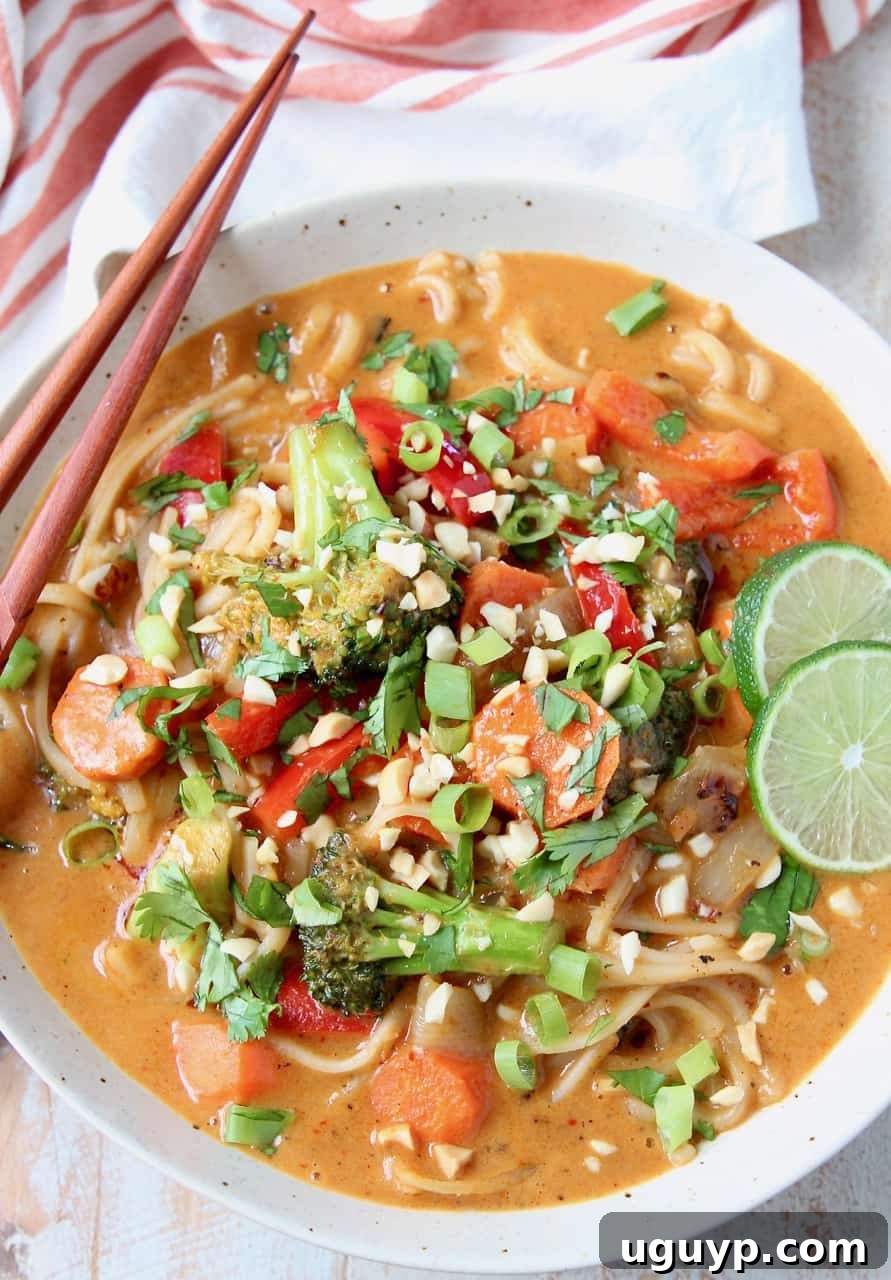 Overhead view of two bowls of vegetarian Massaman Curry noodles, garnished with fresh cilantro and lime wedges.