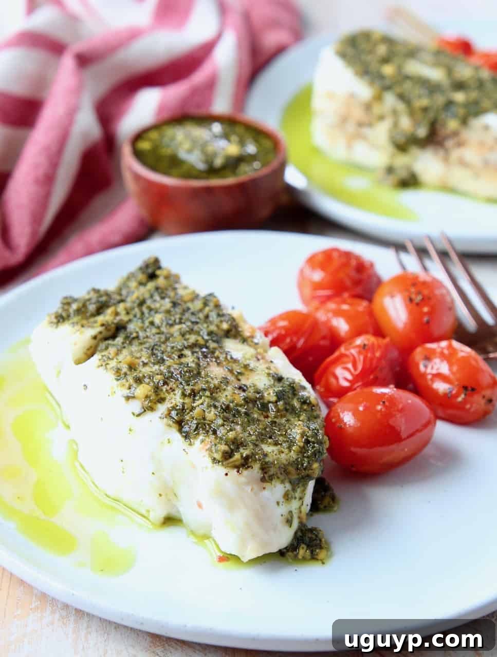 Sea bass topped with pesto on plate with cherry tomatoes and side salad
