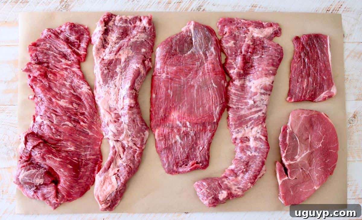 Various cuts of beef suitable for carne asada displayed on butcher paper