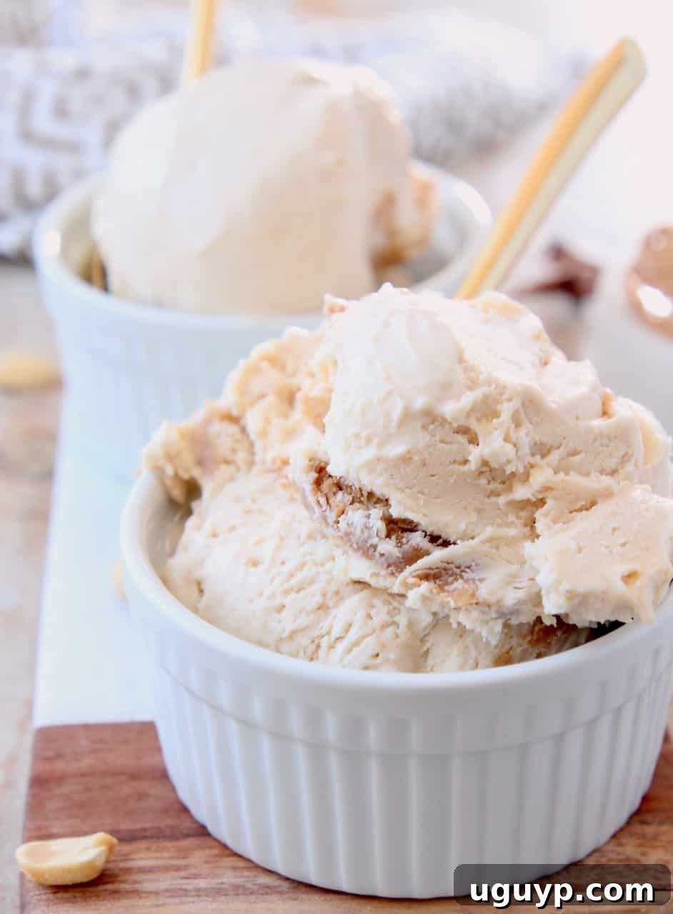 Scoops of peanut butter ice cream in small white bowl with gold spoon