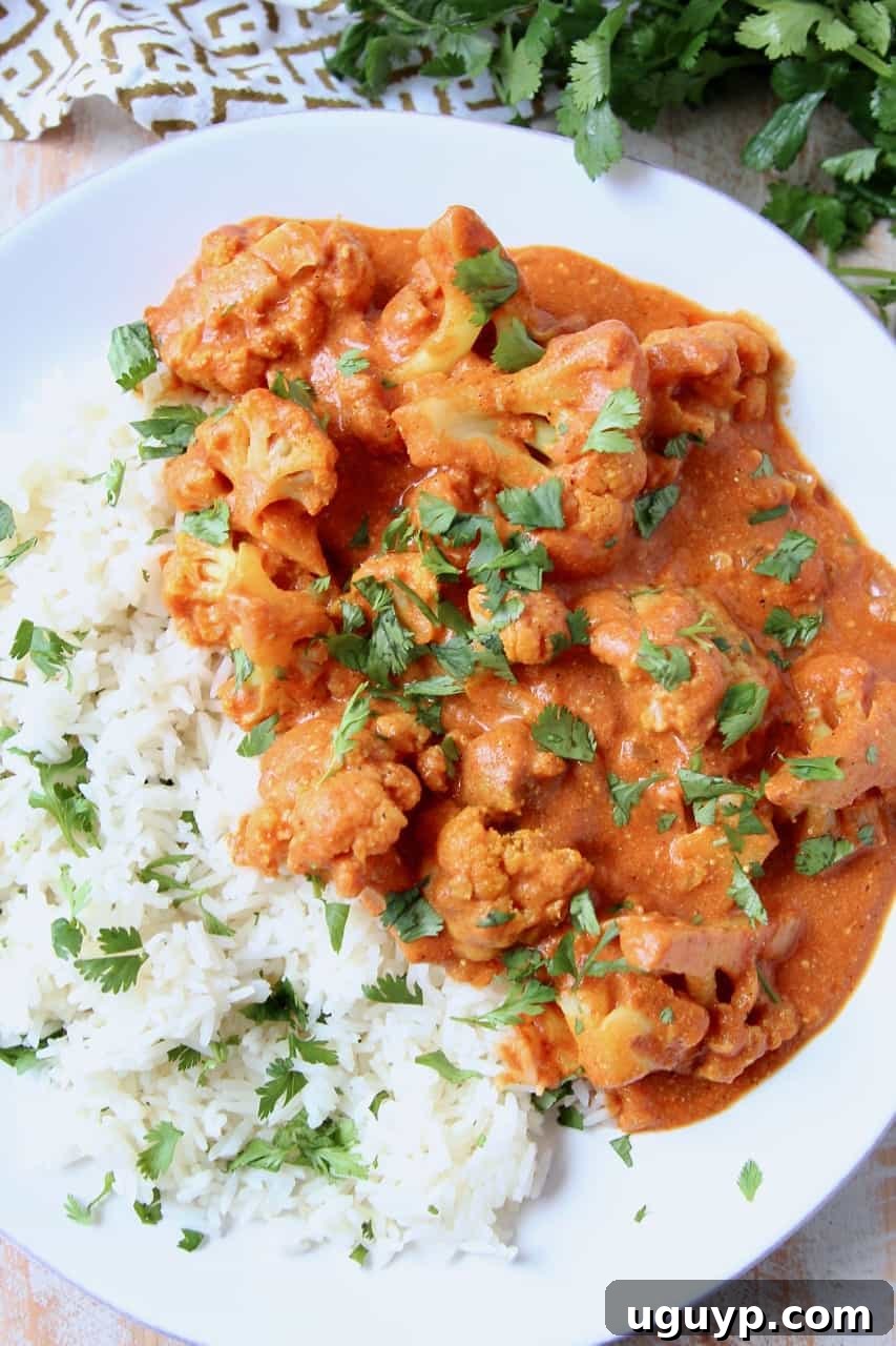 Cauliflower covered in rich Indian butter curry sauce on a plate with fluffy basmati rice and fresh cilantro garnish.