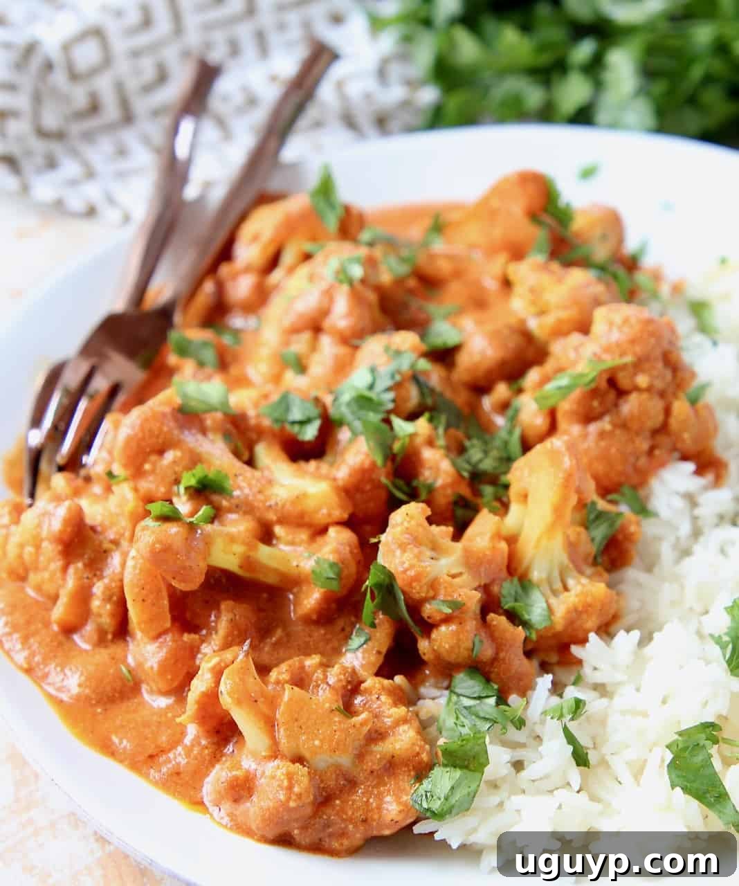 Close-up shot of roasted cauliflower florets generously coated in a rich and creamy Indian butter curry sauce.