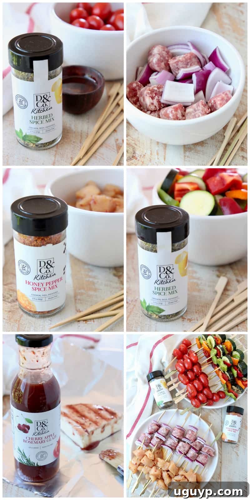 Collage of images showing how to make mini skewers