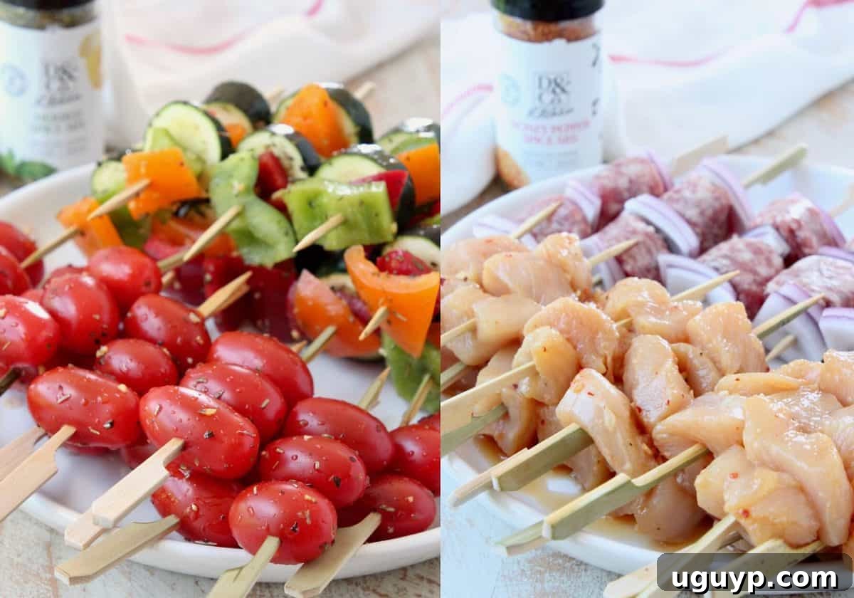 Raw mini skewers of chicken, sausage and veggies on two plates