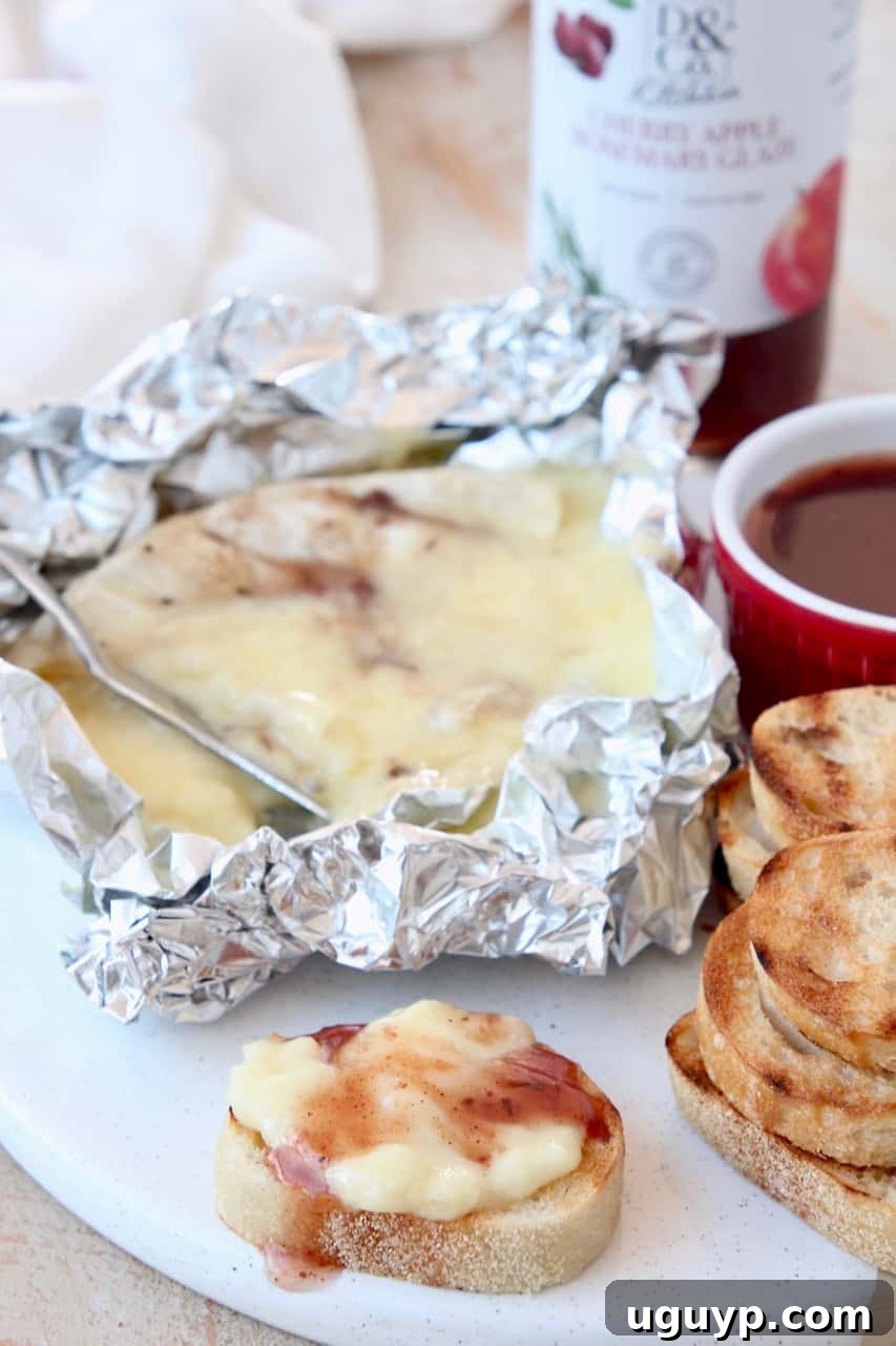 Melted grilled brie in piece of foil with baguette slices