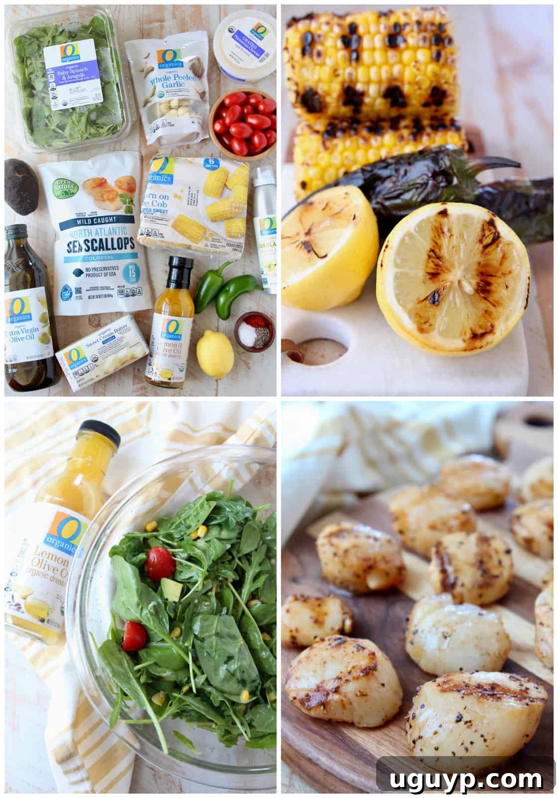 A visual step-by-step collage demonstrating the ingredients and process for grilling scallops, preparing the lemon garlic butter, and assembling the arugula corn salad.