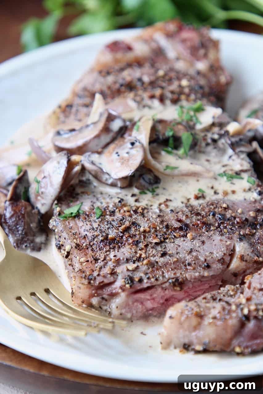 Sliced New York Strip steak on a plate with a fork, generously covered in creamy mushroom sauce, highlighting its tender texture and vibrant peppercorn crust.