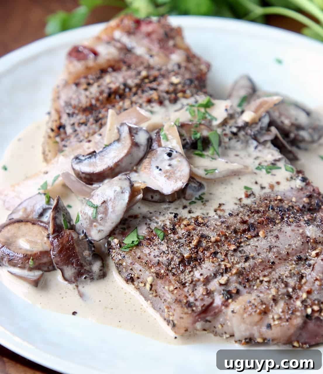 Peppercorn crusted steak on a plate, drenched in luscious creamy mushroom sauce, ready to be enjoyed.