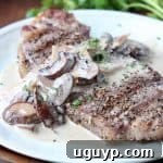 Strip steak on plate, topped with creamy mushroom sauce