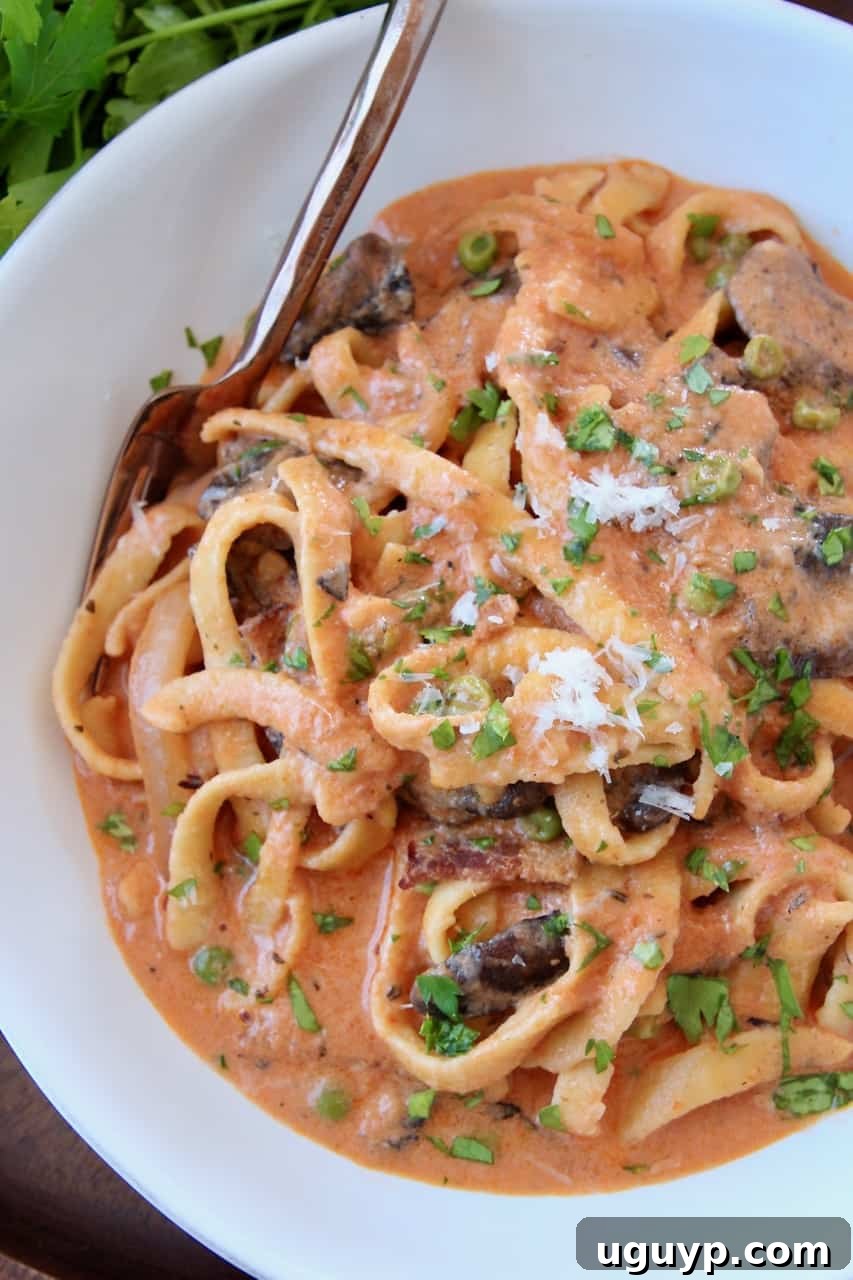 Overhead image of pasta in creamy tomato mushroom sauce