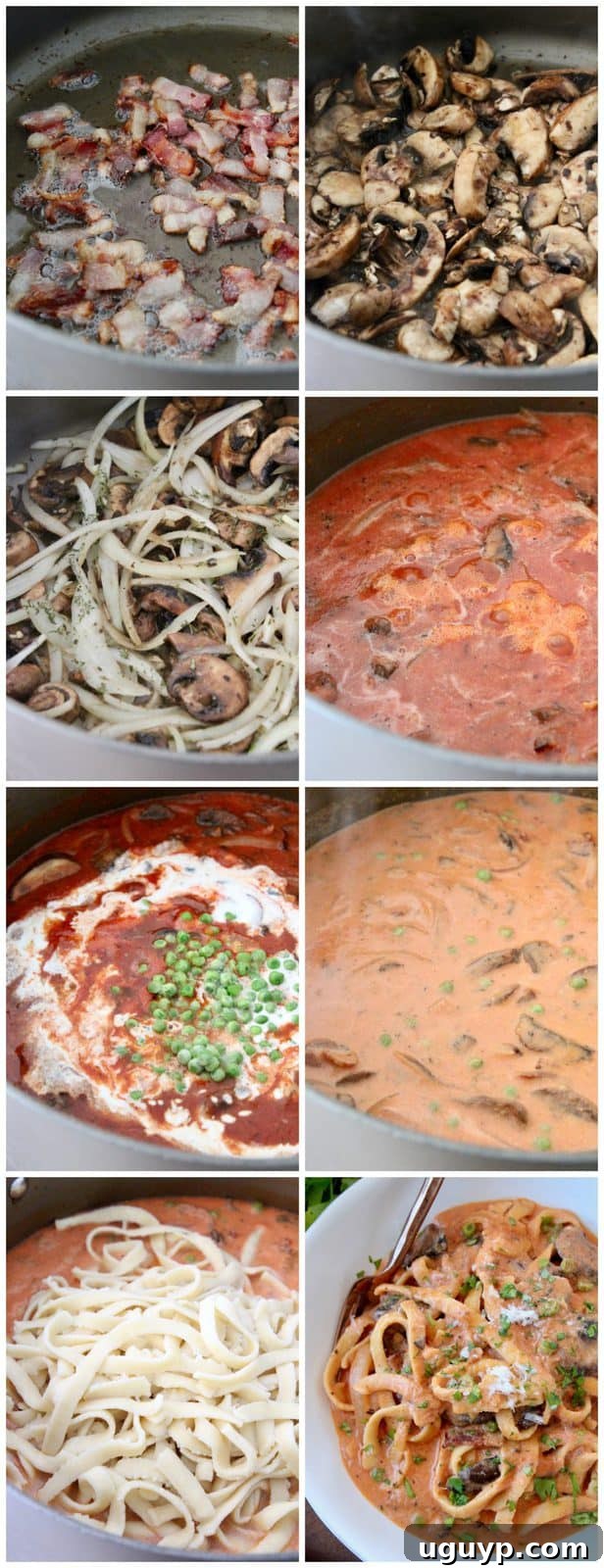 Collage of images showing how to make boscaiola sauce