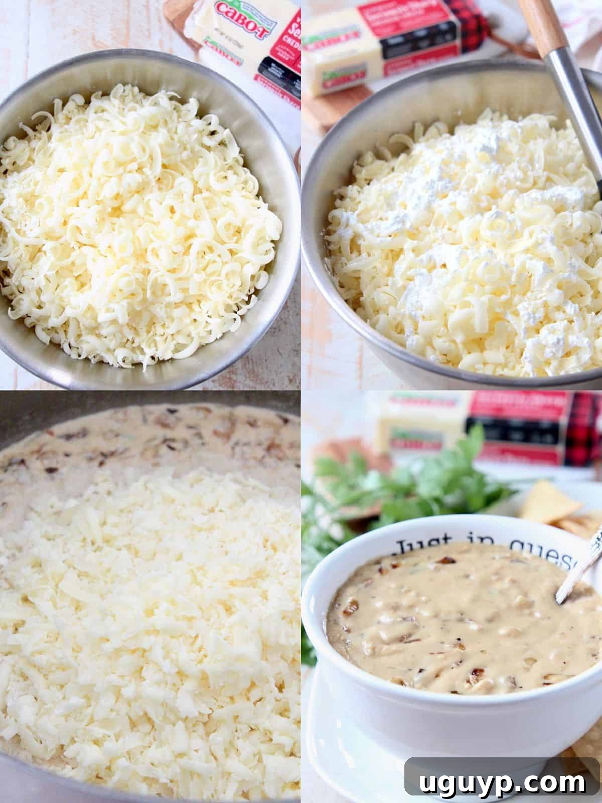 collage of images showing how to make french onion dip queso
