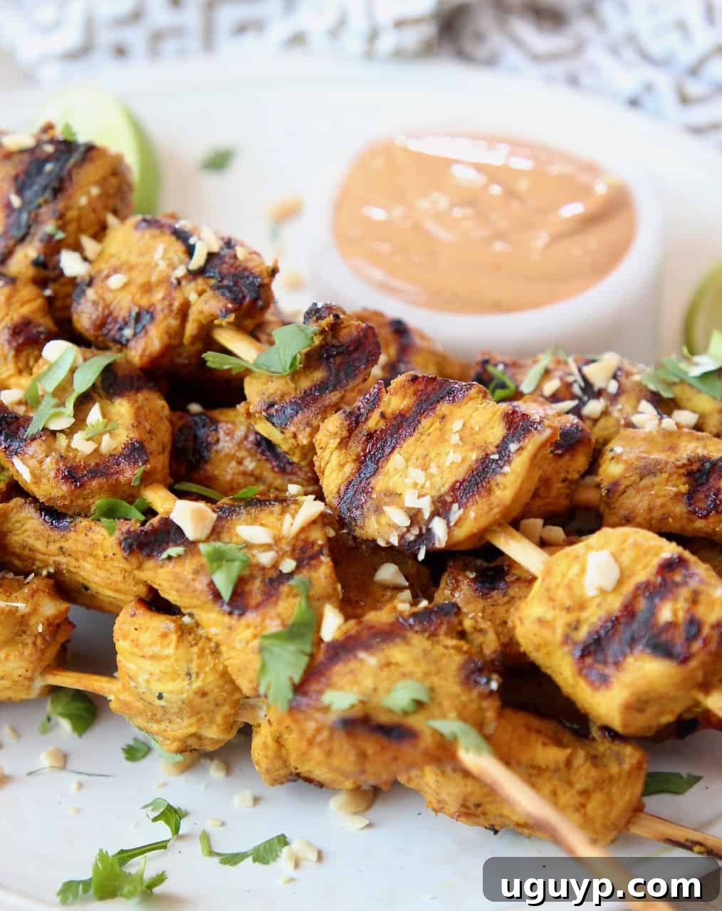 Grilled chicken satay on plate with bowl of peanut sauce