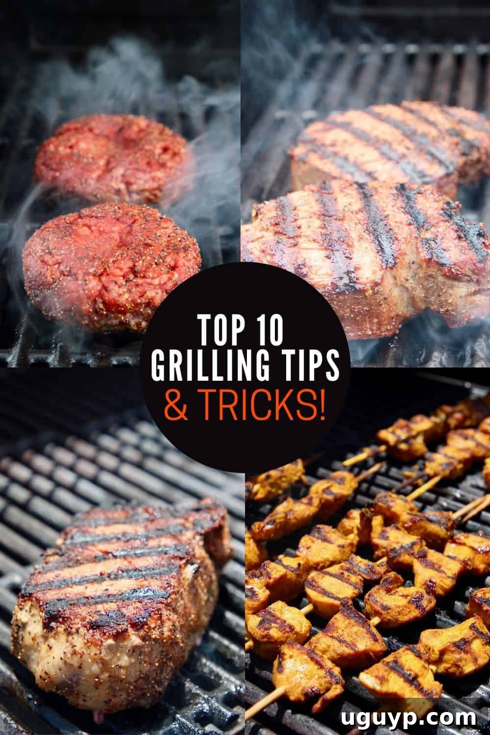 Collage of images showing various meats and vegetables on the grill, highlighting delicious grilled food