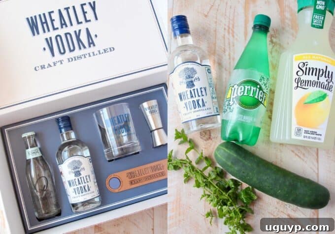 Array of fresh ingredients including cucumber, mint, a bottle of Wheatley Vodka, sparkling water, and lemonade, ready for cocktail making.