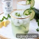 Two cocktails on marble serving tray with mint springs and lemon wedges