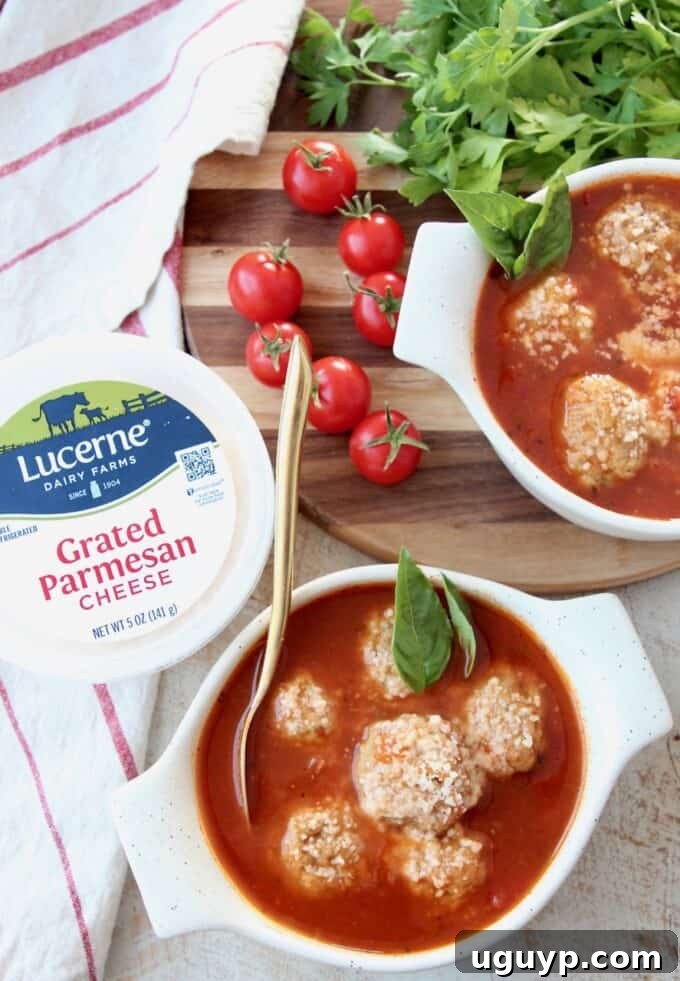 Overhead image of Italian meatball soup in bowls