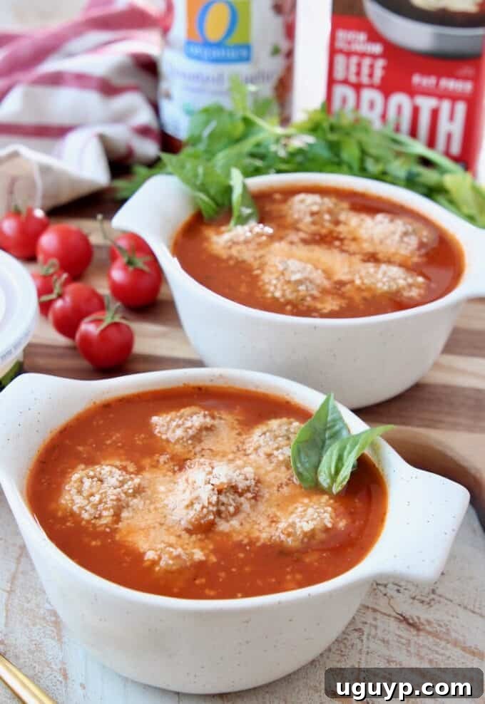 meatball soup in bowls topped with grated parmesan cheese and fresh basil leaves