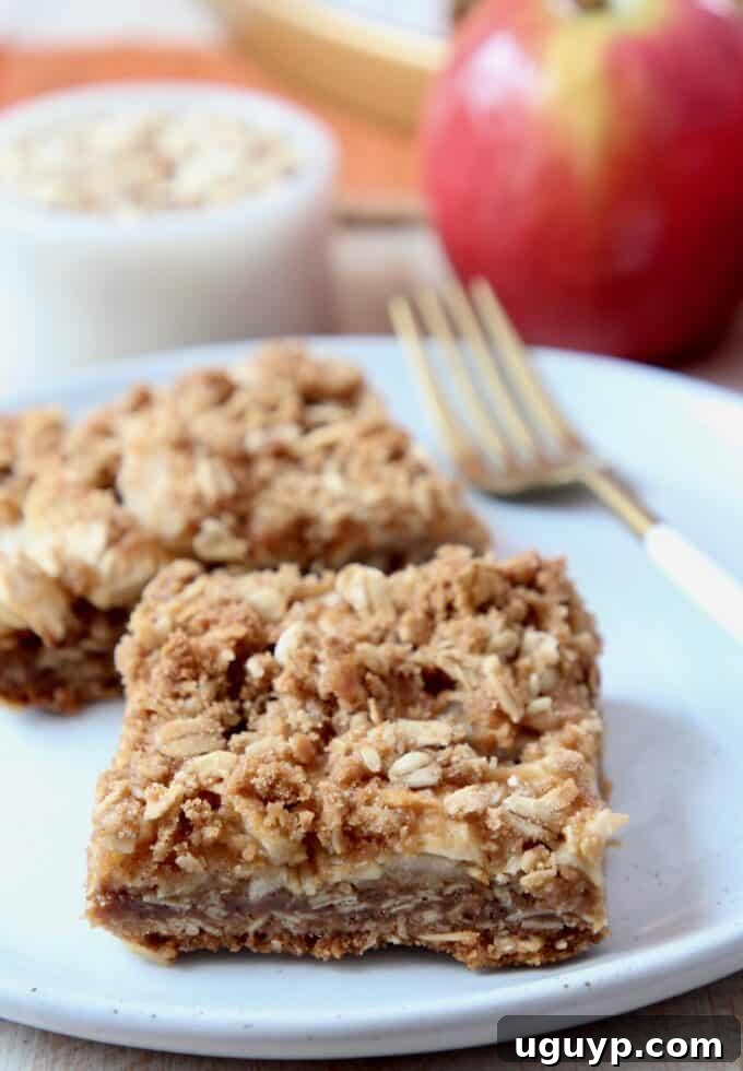 Delicious Pumpkin Spice Apple Oatmeal Bars served on a rustic wooden plate with a fork, ready to be enjoyed as a comforting fall dessert or snack.