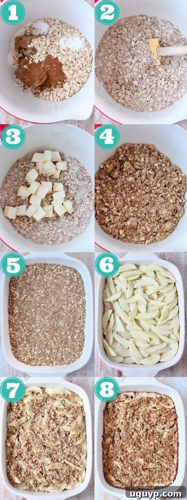 A helpful step-by-step visual guide showing the process of making apple oatmeal bars, from combining dry ingredients to layering the apples and crumble.