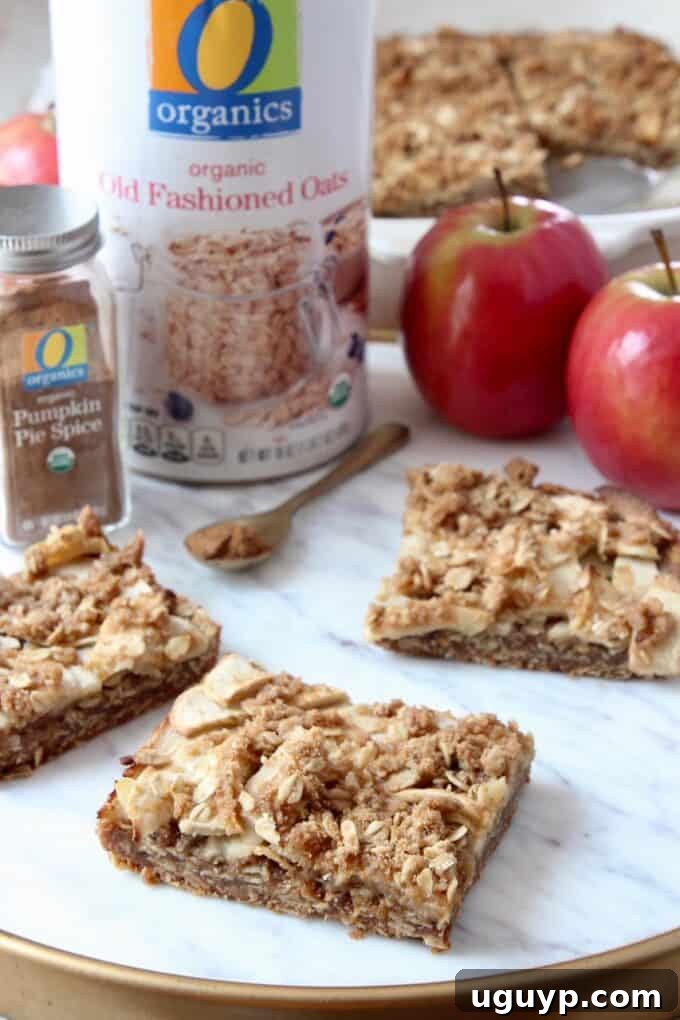 Elegantly arranged pumpkin spice apple oatmeal bars on a marble serving tray, accompanied by fresh apples and cinnamon sticks, perfect for a festive fall presentation.