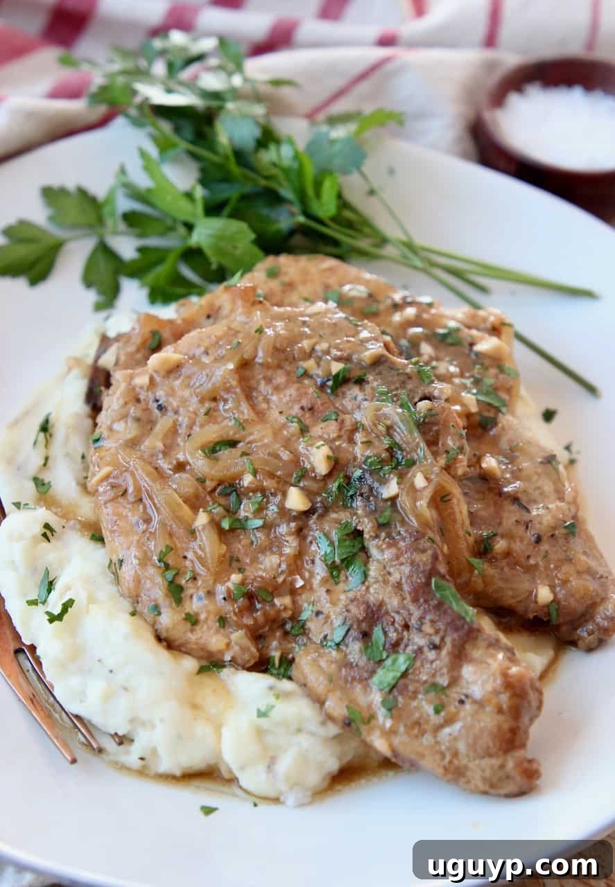 pork chops stacked up on plate on top of mashed potatoes