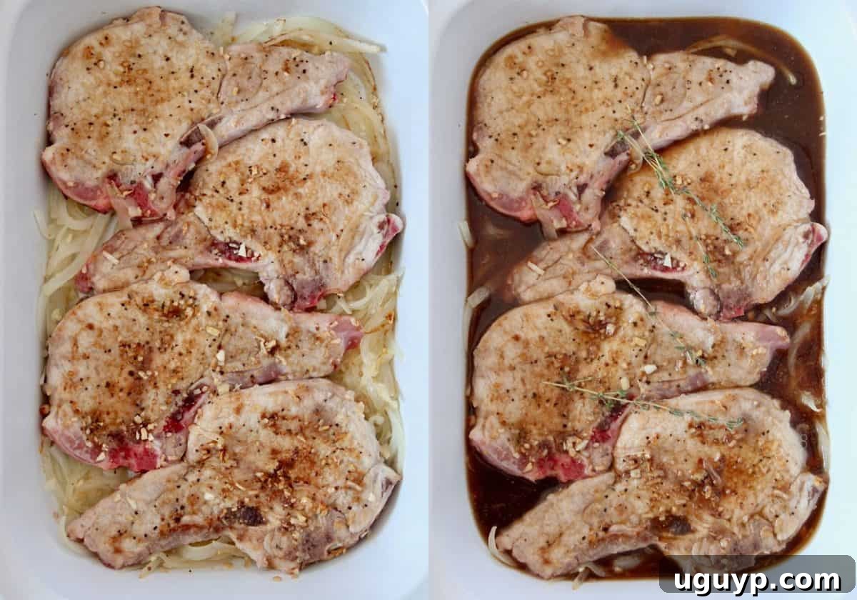 side by side images of pork chops in slow cooker with onions and beef broth