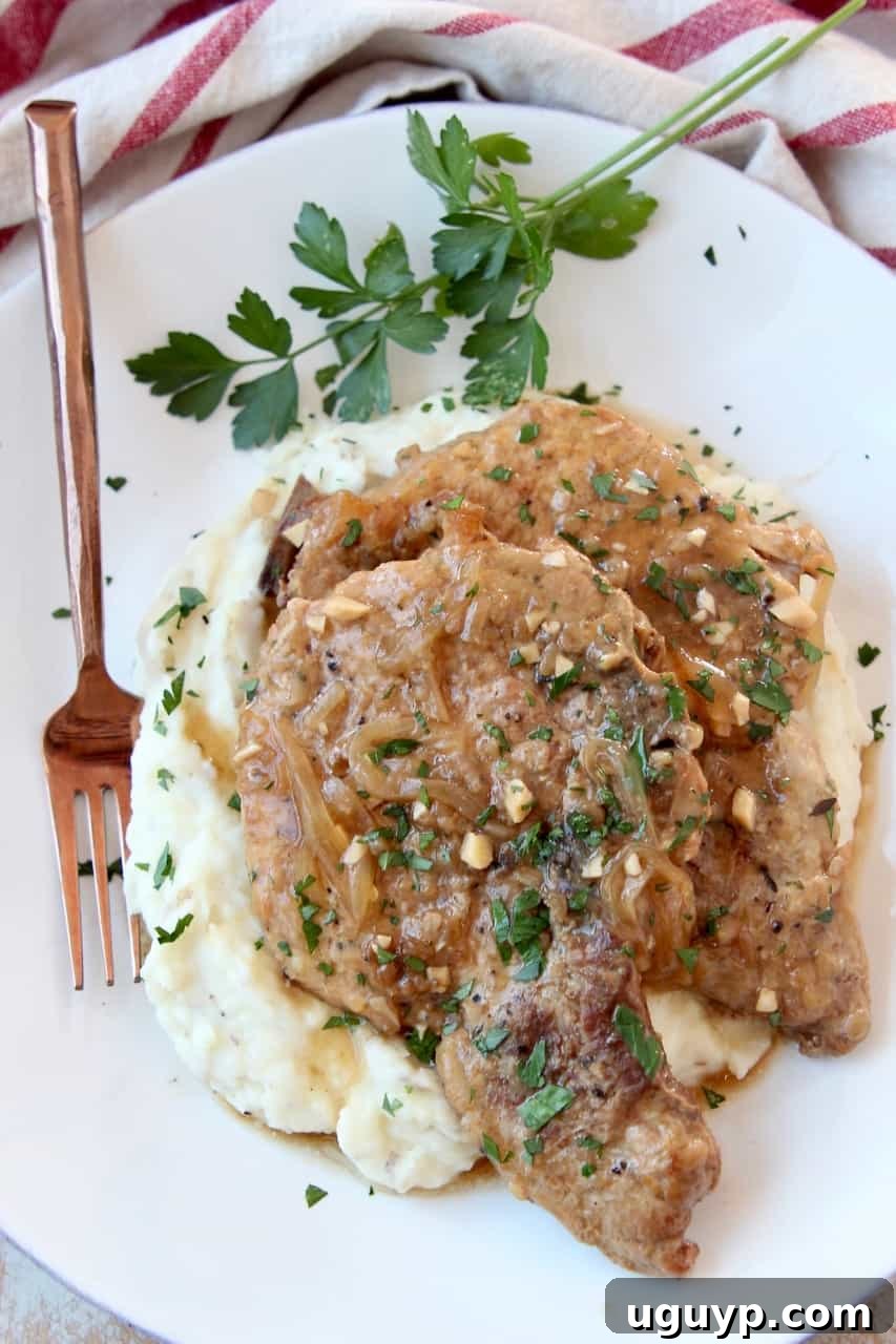 Overhead image of two pork chops on plate with mashed potatoes and brown gravy