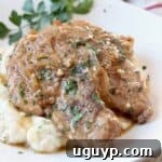 two pork chops on plate covered with gravy, on top of mashed potatoes