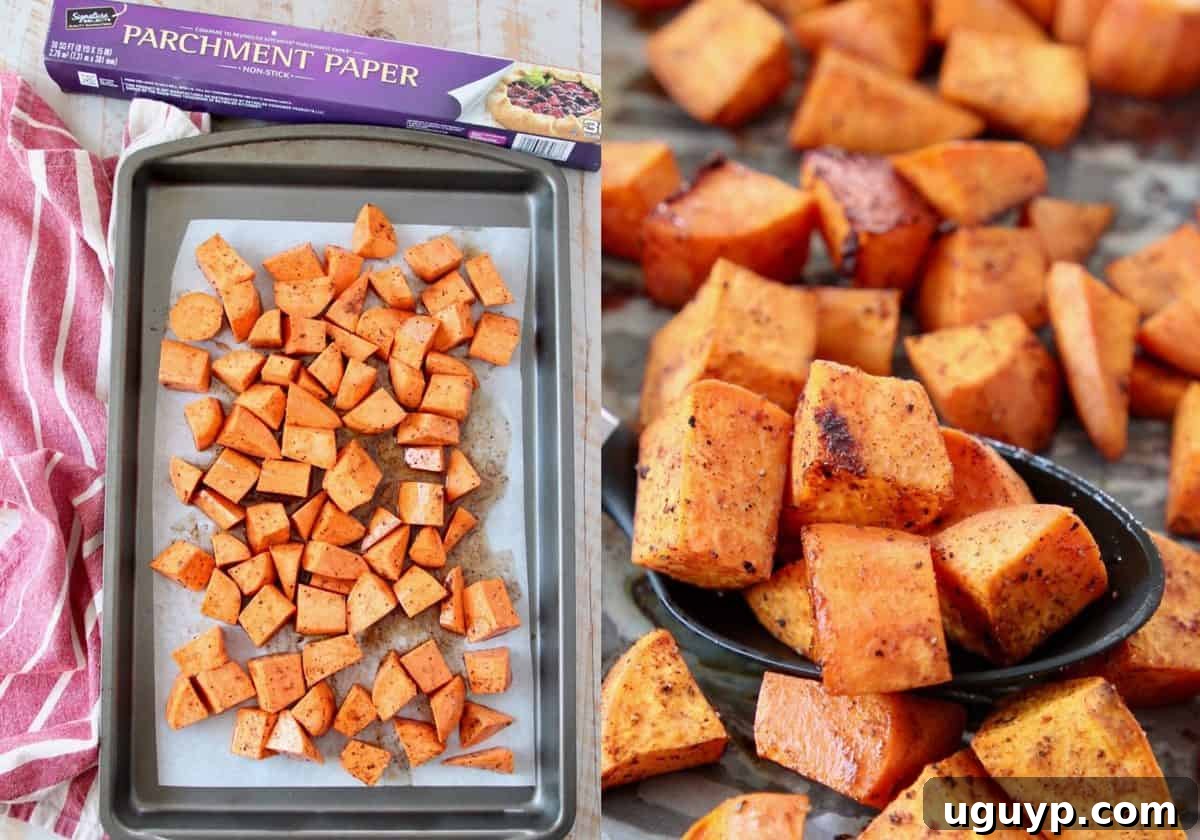 A collage of three images showing the step-by-step process of making honey roasted sweet potatoes: peeling and cubing, mixing with spices, and roasting on a baking sheet