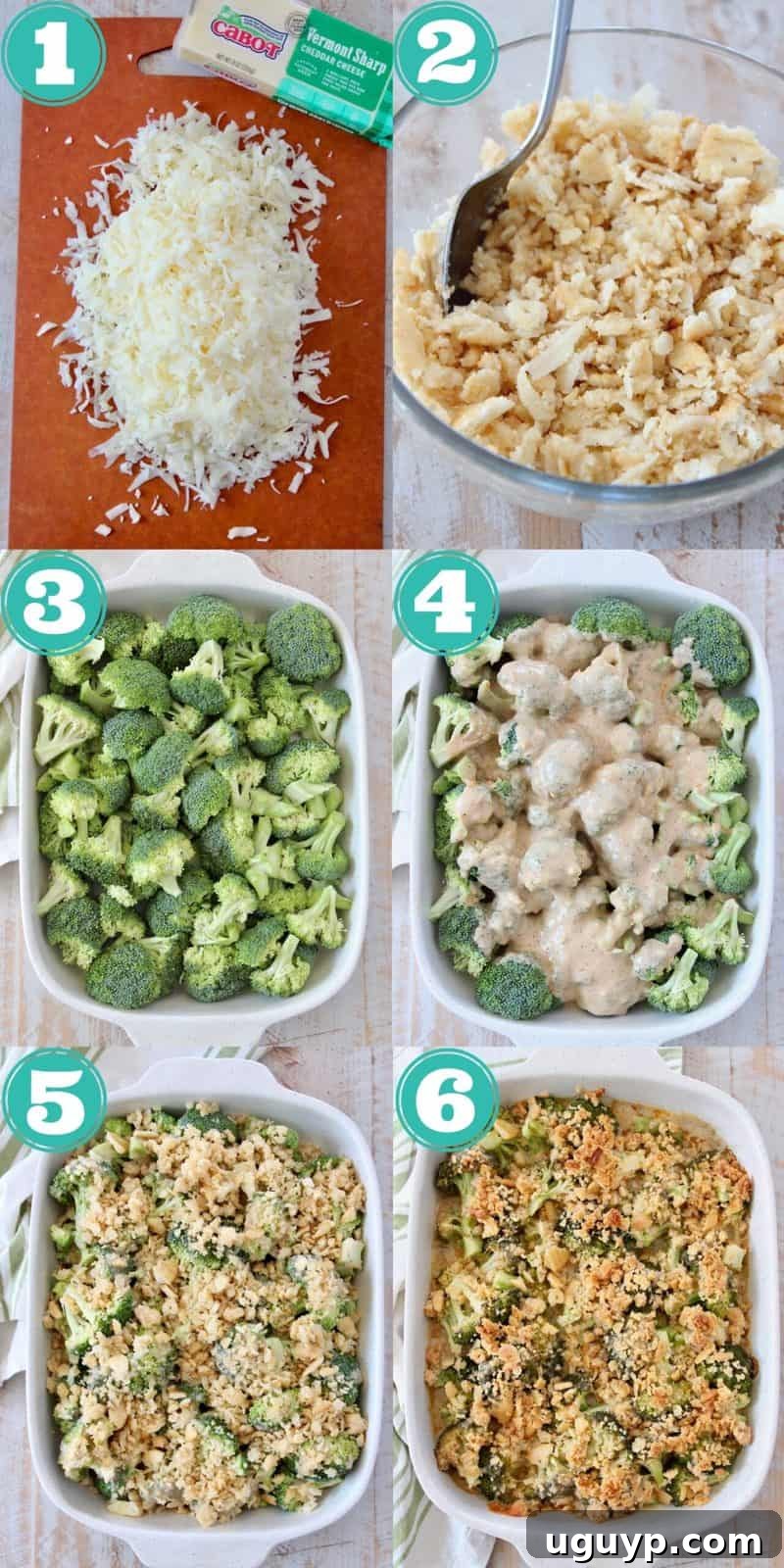 A step-by-step visual guide showing the process of making broccoli cheddar casserole, from preparing the sauce to adding the Ritz cracker topping.