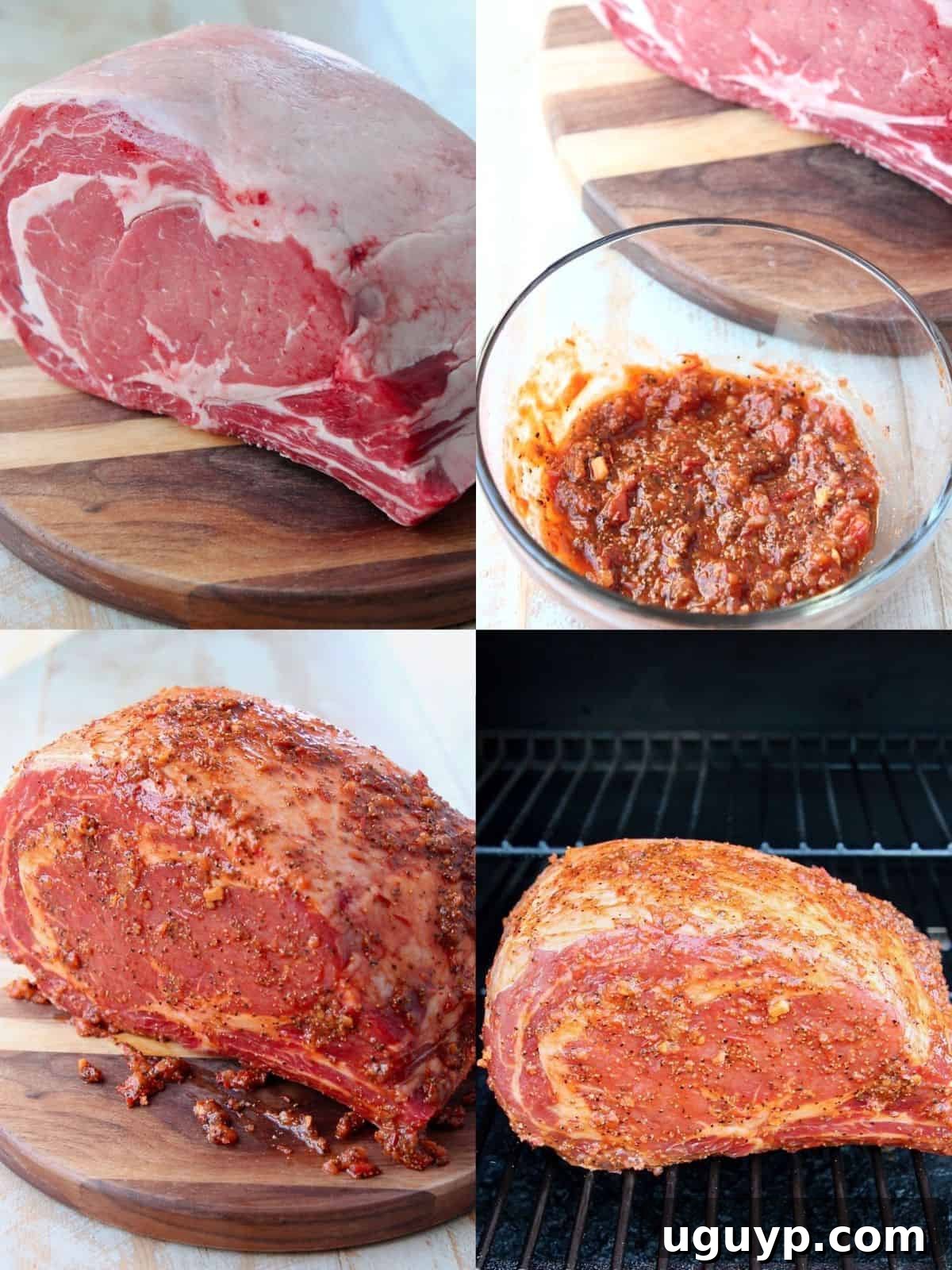 collage of images showing step-by-step how to make harissa rubbed smoked prime rib, from applying the rub to slicing