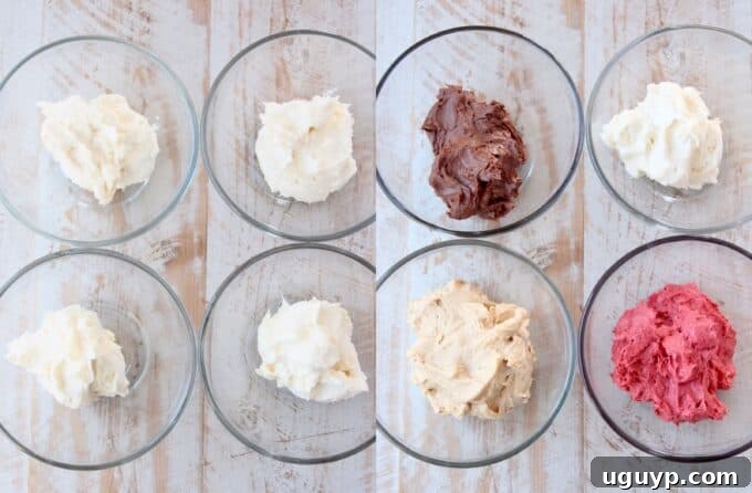 overhead image of dessert cream cheese dips in glass bowls