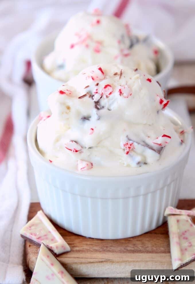 peppermint bark ice cream scoops in white bowl