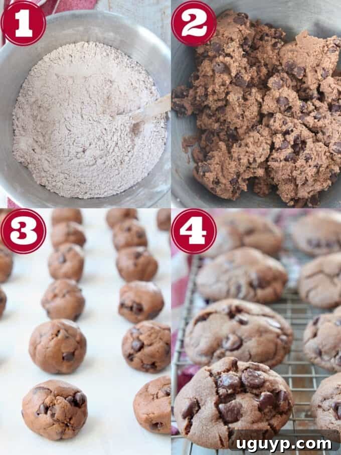 A step-by-step visual guide demonstrating how to prepare the double chocolate chip cookie dough and bake it.
