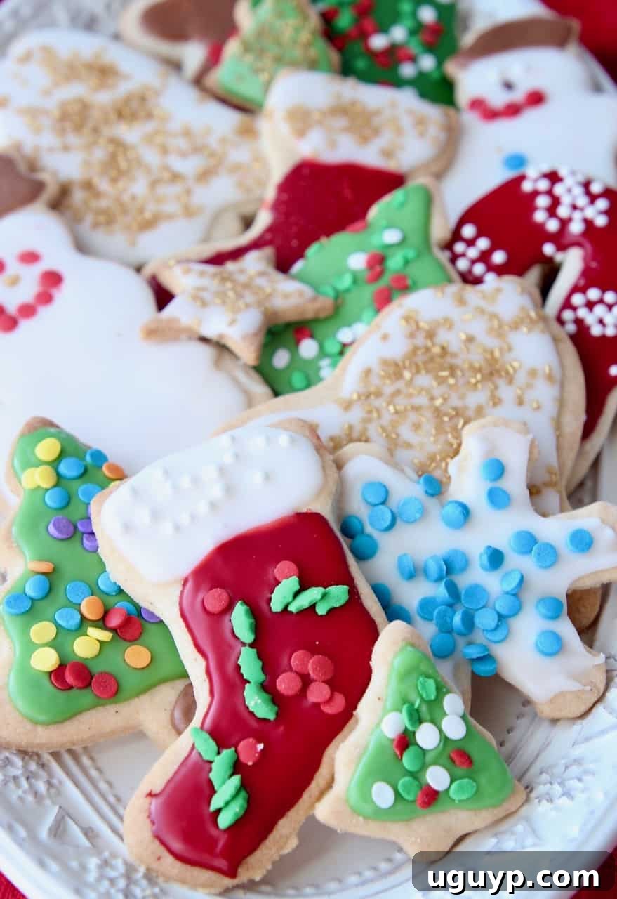 Decorated holiday sugar cookies on plate