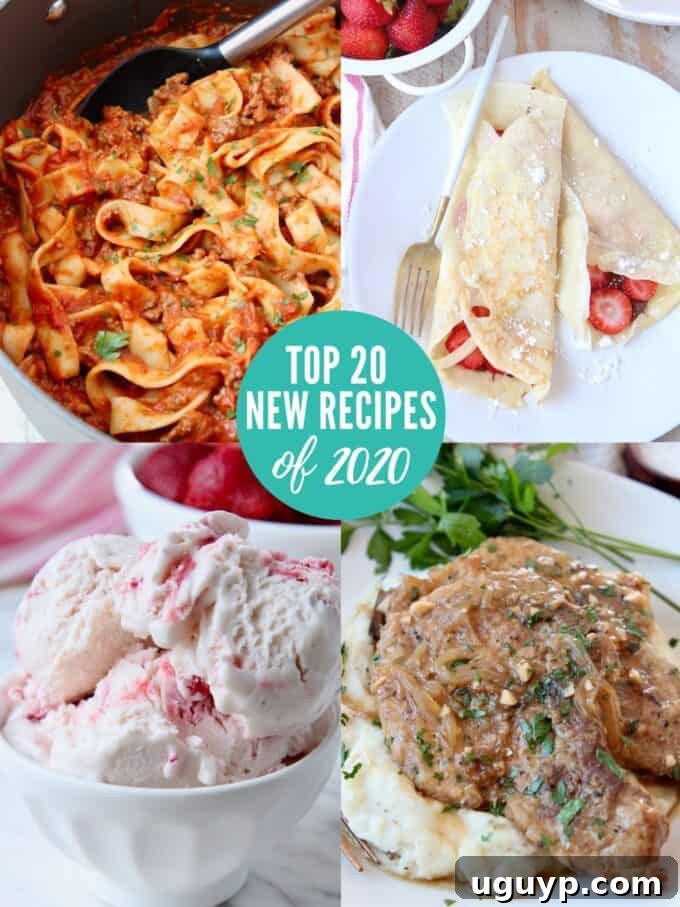A vibrant collage featuring a variety of popular recipes from WhitneyBond.com in 2020, including savory main courses, delectable desserts, and fresh salads, showcasing the year's top food trends.