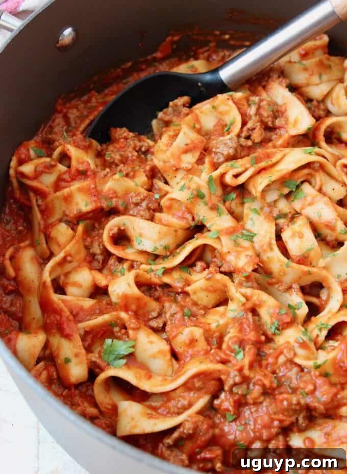 A large rustic pot filled with rich and hearty Easy Bolognese Meat Sauce, featuring pasta perfectly tossed within, and a serving spoon invitingly placed, ready for a comforting family meal.