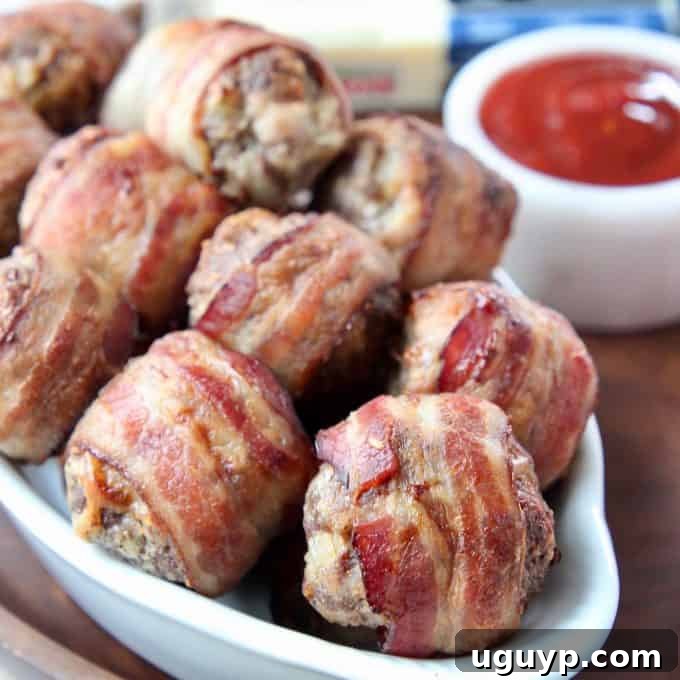 A white oval baking dish filled with perfectly cooked Bacon Wrapped Meatballs, glistening with sauce, and a small side dish of BBQ sauce, making a tempting appetizer or snack.