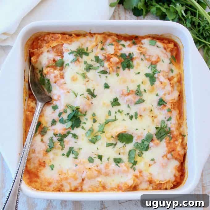 A cheesy Buffalo Chicken Cauliflower Casserole in a baking dish, with a spoon taking a serving, garnished with fresh cilantro, showcasing its rich, bubbly texture and spicy appeal.