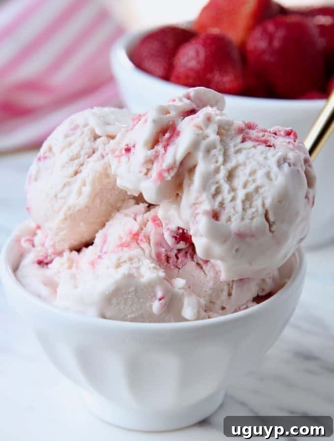 Generous scoops of homemade No Churn Strawberry Ice Cream presented in an elegant white bowl, garnished with a fresh strawberry and mint leaf, highlighting its creamy texture and vibrant color.