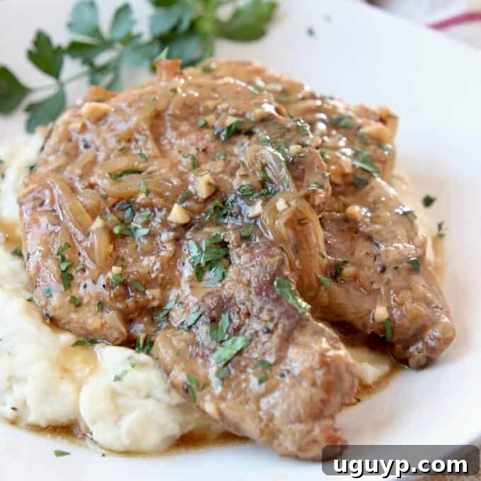 Two tender Crock Pot Pork Chops covered in a rich French Onion Gravy, served atop a bed of creamy mashed potatoes in a white plate, ready for a comforting meal.