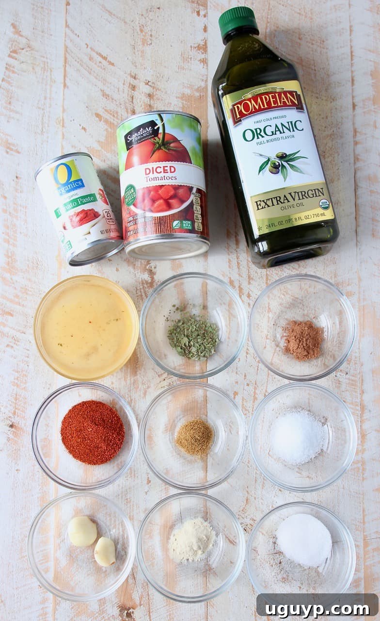 Overhead shot of all the ingredients for red enchilada sauce laid out, including canned tomatoes, spices, and broth.