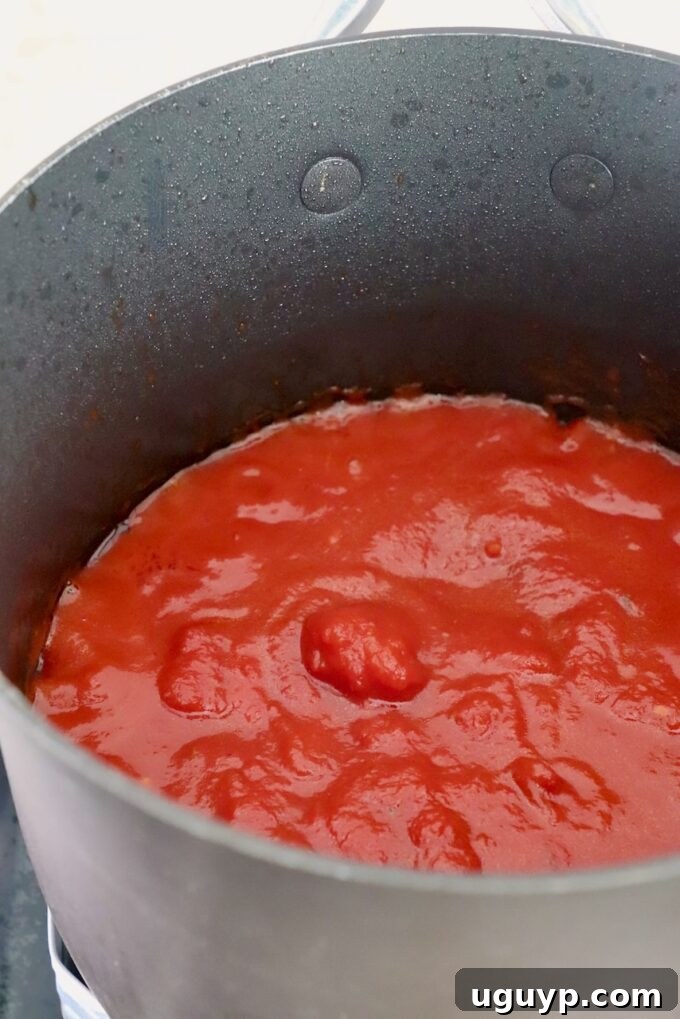 A can of diced tomatoes and tomato paste in a saucepan, ready to be cooked.