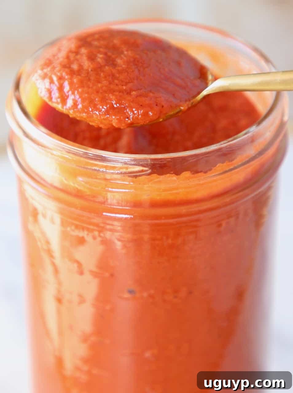 A spoon lifting a spoonful of red enchilada sauce from a mason jar, highlighting its perfect consistency.