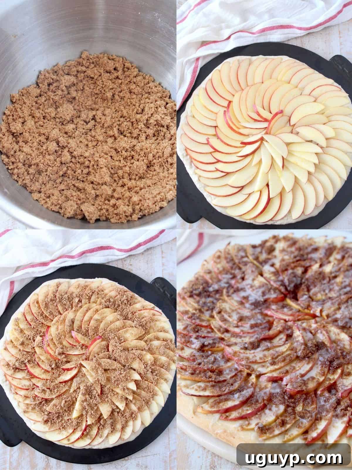 collage of images showing how to make apple dessert pizza