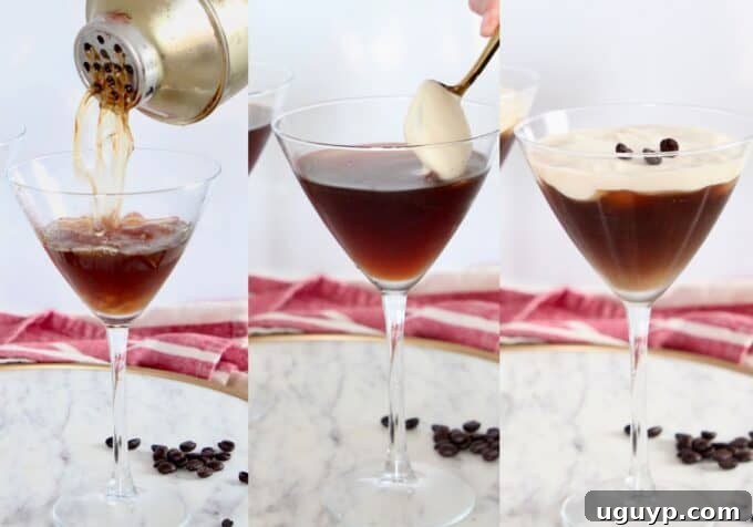 collage of images showing step-by-step how to make an espresso martini, from whipping cream to shaking ingredients and garnishing
